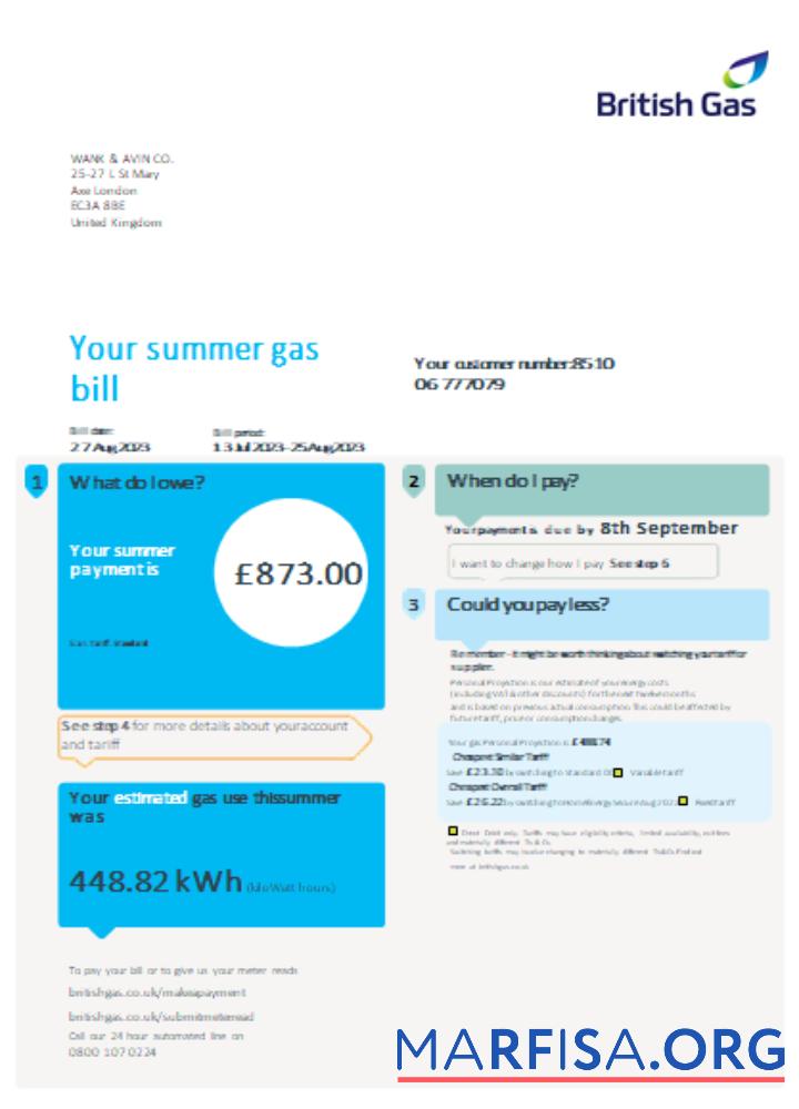 Downloadable British gas utility business bill, SCR, page 1 template